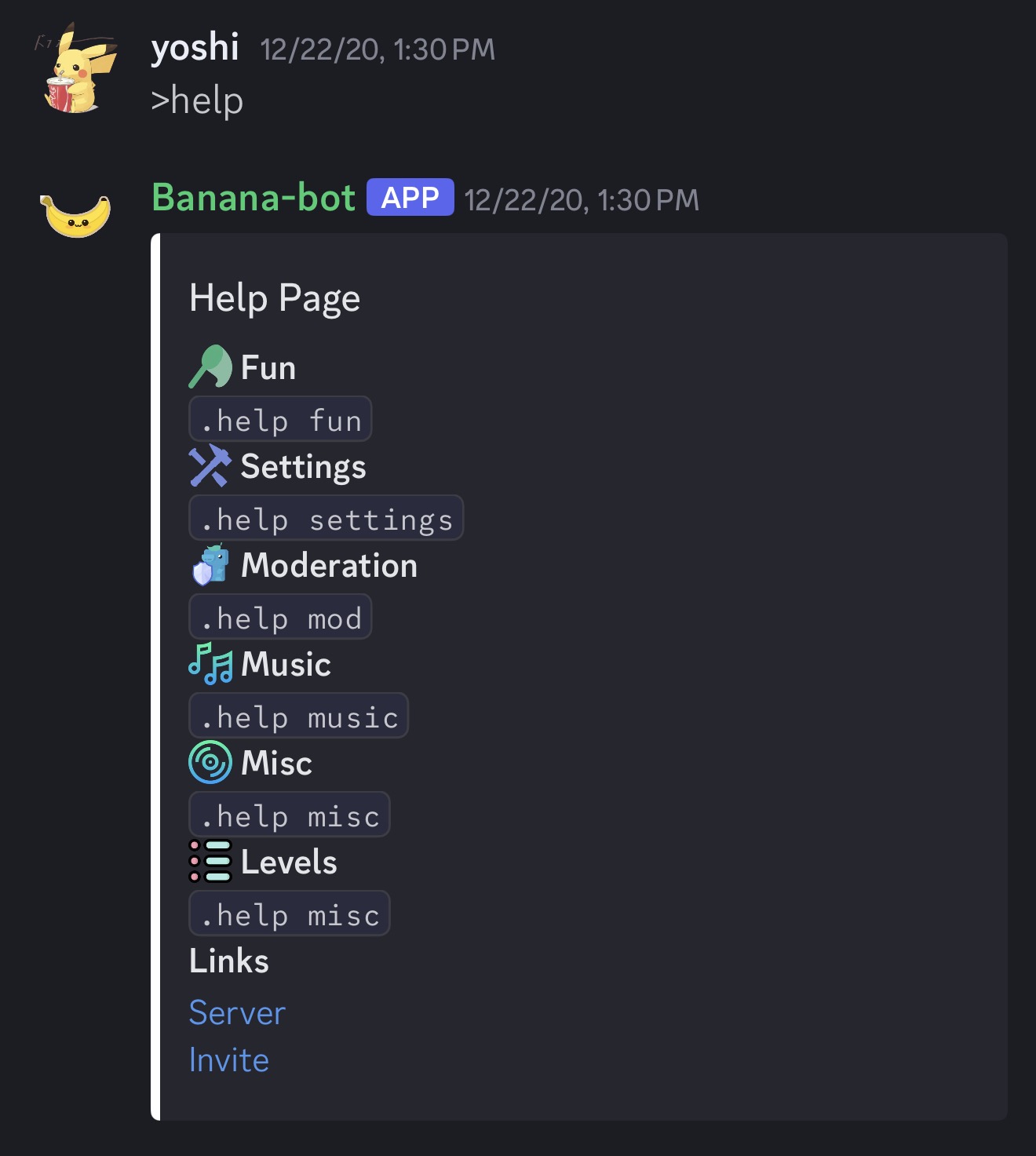 Banana-bot Discord help page